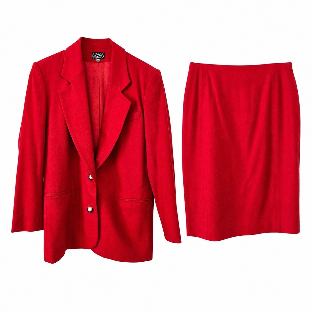 Vintage KGR 100% Wool Red Skirt Suit Blazer Pencil Skirt Made USA 8/XS